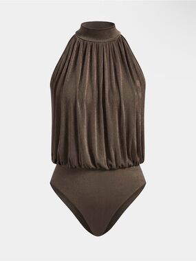 Commense Dark Brown Mock Neck Sleeveless Ruched Bodysuit